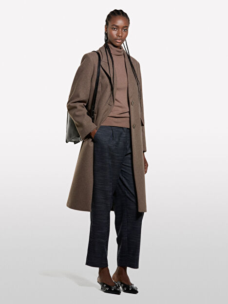 Resim Kadın Kahverengi Yün ve Kaşmir Karışımlı Ribana Detaylı Balıkçı Yaka Kazak