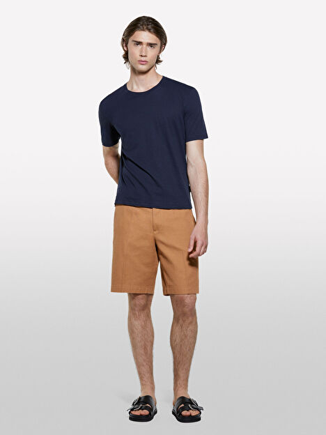 Resim Erkek Koyu Lacivert Keten Karışımlı Bisiklet Yaka Regular Fit T-Shirt