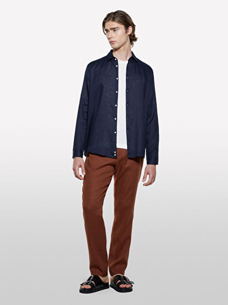 Resim Erkek Koyu Lacivert %100 Keten Regular Fit Gömlek