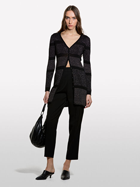 Resim Kadın Siyah Viskoz ve Yün Karışımlı Yanları Pileli Arka Beli Lastikli Pantolon