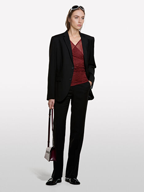 Resim Kadın Siyah Viskoz ve Yün Karışımlı Cepli Düğmeli İspanyol Paça Pantolon