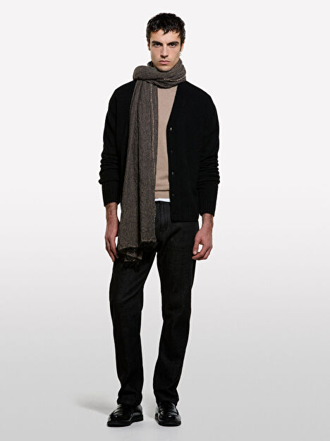 Resim Erkek Siyah Yün Karışımlı Düğmeli Hırka