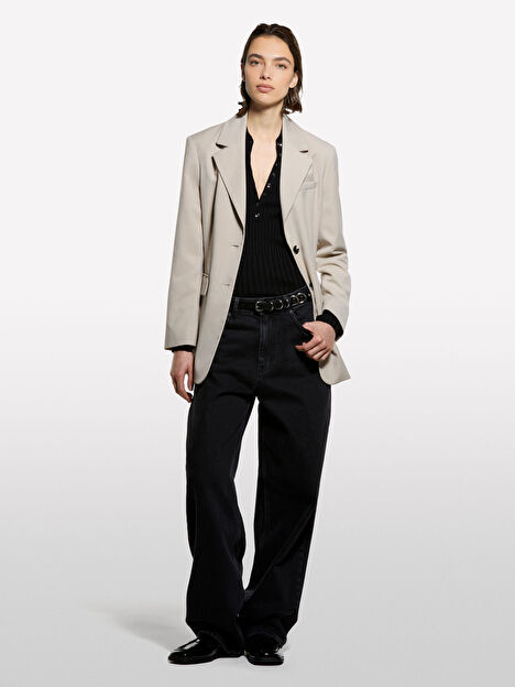 Resim Kadın Siyah Viskoz ve Yün Karışımlı Düğmeli Slim Fit Polo Yaka Kazak