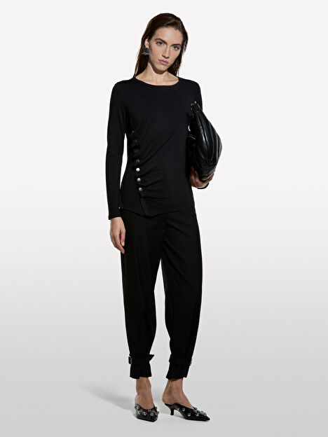 Resim Kadın Siyah Viskoz Karışımlı Önü Çıtçıt Detaylı Bisiklet Yaka Uzun Kollu T-Shirt