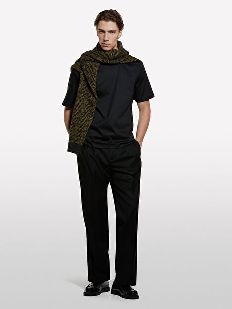 Resim Erkek Koyu Gri %100 Pamuk Göğüs Baskılı Bisiklet Yaka T-Shirt