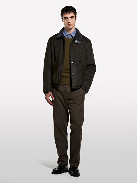 Resim Erkek Haki Yeşili Yün Karışımlı Ribanalı Bisiklet Yaka Kazak