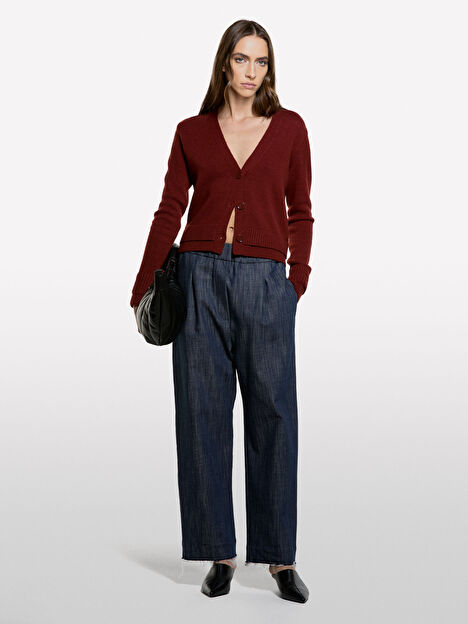 Resim Kadın Bordo Yün Karışımlı Düğmeli Nervur Detaylı Hırka