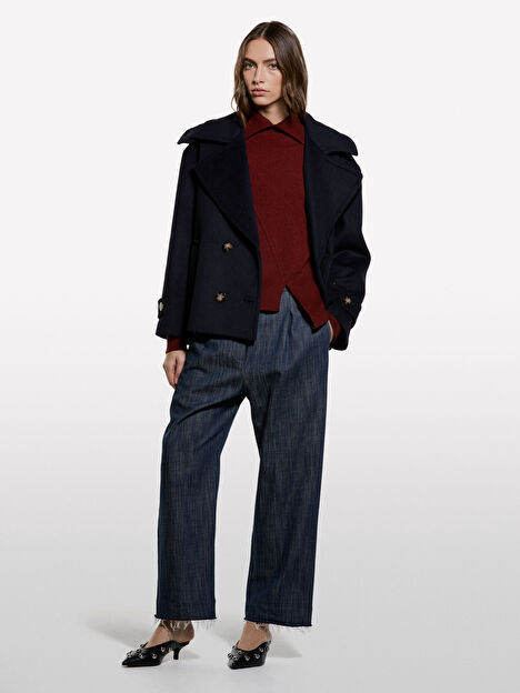 Resim Kadın Bordo Yün Karışımlı Asimetrik Yüksek Yaka Regular Fit Kazak