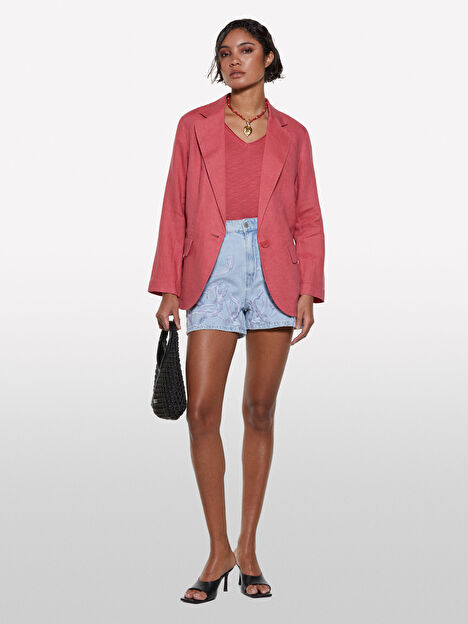 Resim Kadın Koyu Pembe Pamuk Modal Karışımlı V Yaka T-Shirt