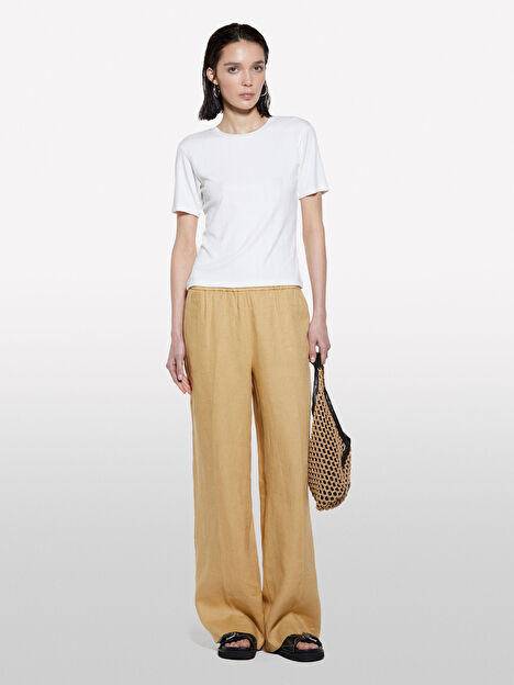 Resim Kadın Kese Kağıdı %100 Keten Beli Lastikli Önü Pileli Geniş Paça Pantolon