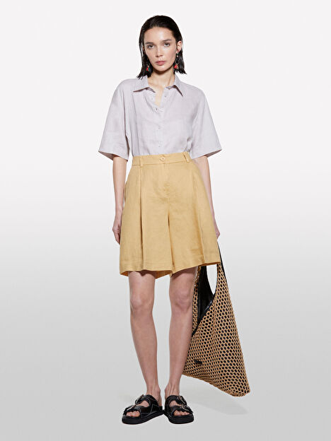 Resim Kadın Kese Kağıdı %100 Keten Pile Detaylı Yüksek Bel Bermuda Şort