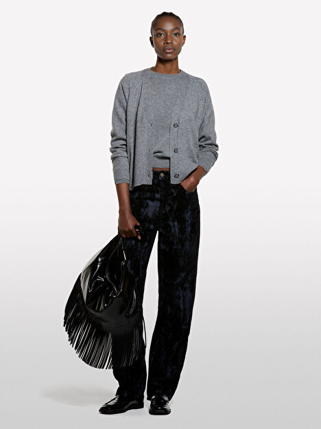 Resim Kadın Gri Viskoz ve Yün Karışımlı Önü Düğmeli Hırka