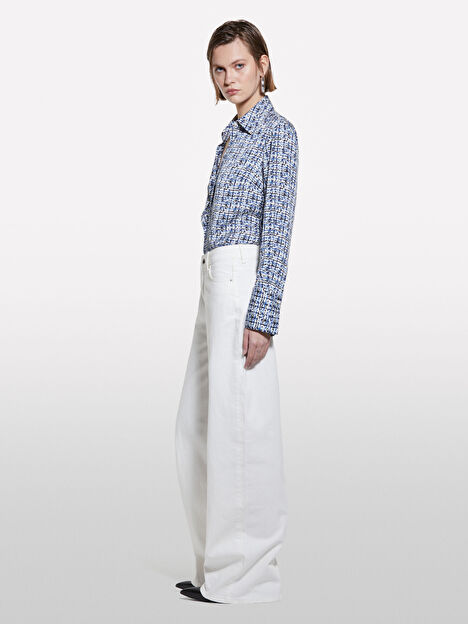 Resim Kadın Mavi Mix Desenli Saten Regular Fit Gömlek