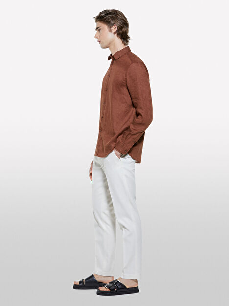 Resim Erkek Kahverengi %100 Keten Regular Fit Gömlek