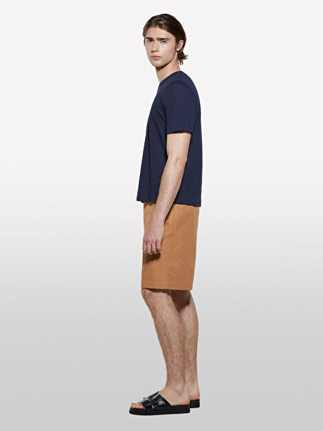 Resim Erkek Koyu Lacivert Keten Karışımlı Bisiklet Yaka Regular Fit T-Shirt