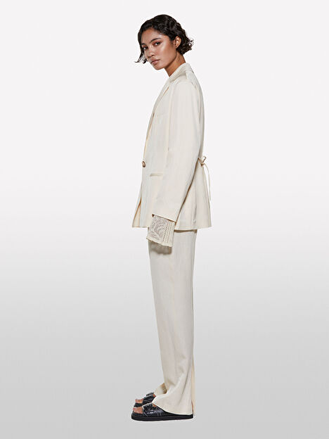 Resim Kadın Şampanya Keten Karışımlı Bağlamalı Oversize Blazer Ceket