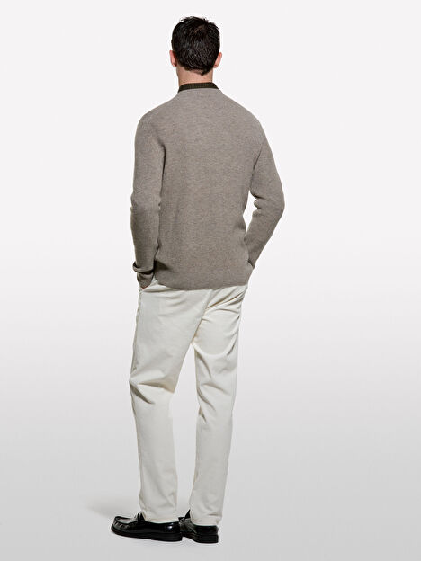 Resim Erkek Açık Kahverengi Yün Karışımlı Ribanalı Bisiklet Yaka Kazak