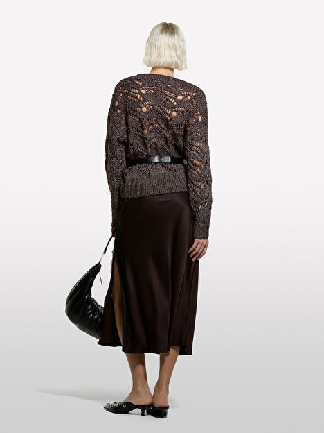 Resim Kadın Kahve Mix  Pamuk ve Yün Karışımlı Delikli V Yaka Kazak