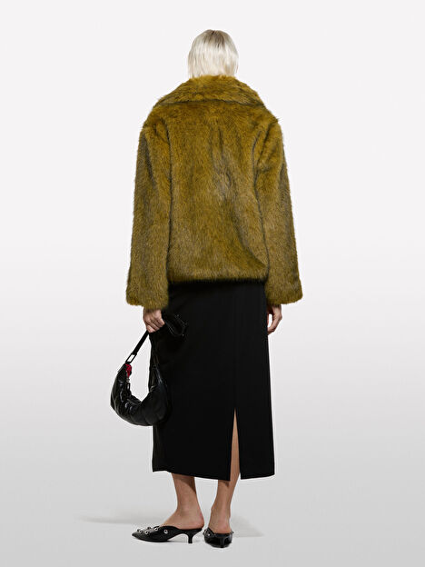 Resim Kadın Haki Yeşili Viskoz Karışımlı Kürk Görünümlü Kruvaze Kısa Ceket