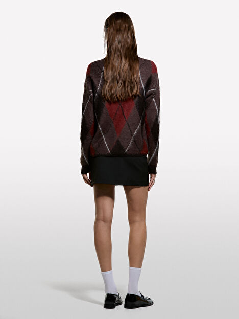 Resim Kadın Koyu Gri Moher Karışımlı Desenli Bisiklet Yaka Kazak