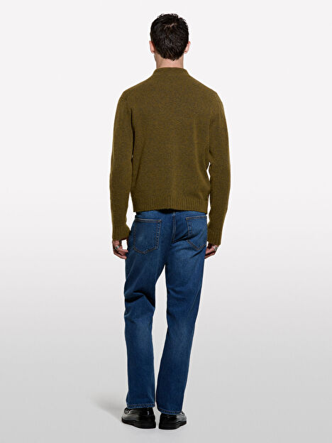 Resim Erkek Haki Yeşili Yün Karışımlı Düğmeli Hırka