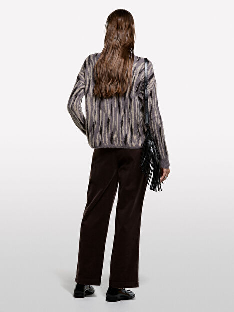 Resim Kadın Gri Mix Moher Karışımlı Desenli Bisiklet Yaka Kazak