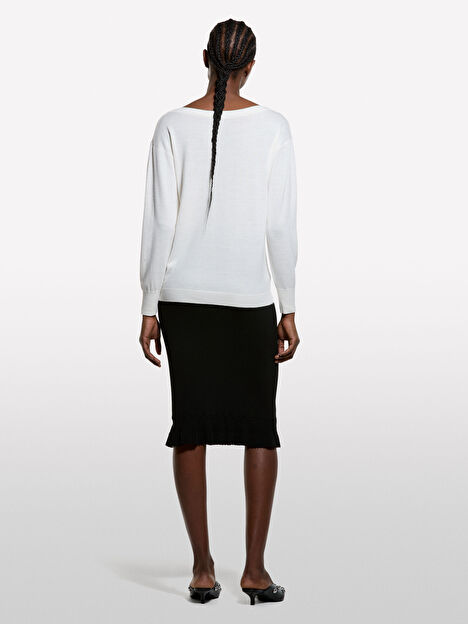 Resim Kadın Krem Yün Karışımlı Kayık Yaka Kazak