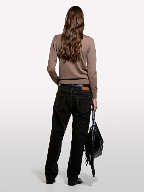 Resim Kadın Kahverengi Yün Karışımlı Regular Fit Dik Yaka Kazak