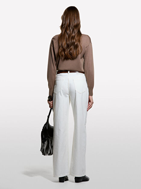 Resim Kadın Kahverengi Yün Karışımlı Kayık Yaka Kazak