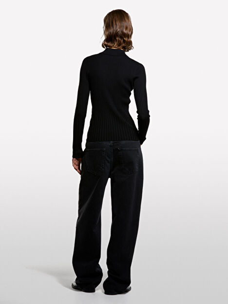 Resim Kadın Siyah Viskoz ve Yün Karışımlı Düğmeli Slim Fit Polo Yaka Kazak