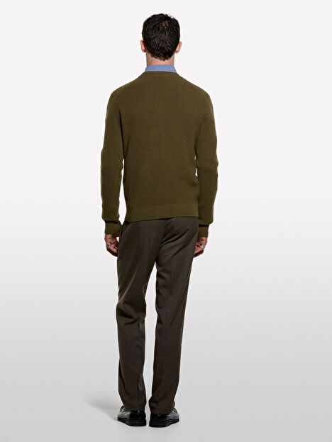 Resim Erkek Haki Yeşili Yün Karışımlı Ribanalı Bisiklet Yaka Kazak