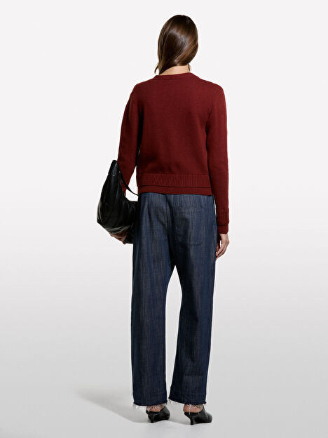 Resim Kadın Bordo Yün Karışımlı Düğmeli Nervur Detaylı Hırka