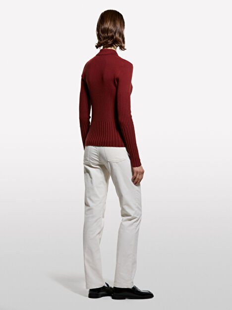 Resim Kadın Bordo Viskoz ve Yün Karışımlı Düğmeli Slim Fit Polo Yaka Kazak