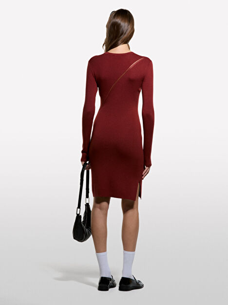 Resim Kadın Bordo Viskoz ve Yün Karışımlı Regular Fit Uzun Kollu  Triko Elbise