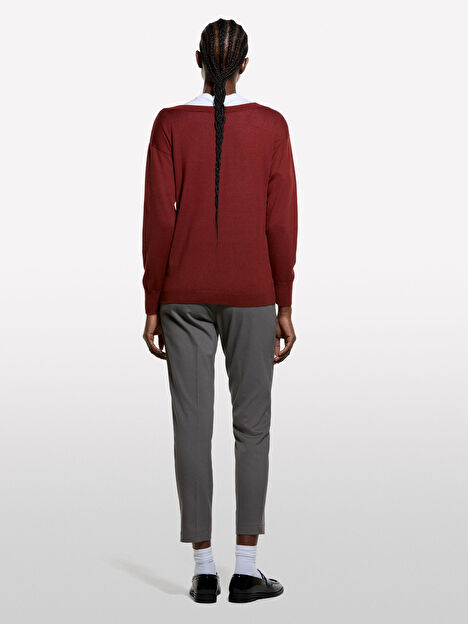 Resim Kadın Koyu Kırmızı Yün Karışımlı Kayık Yaka Kazak