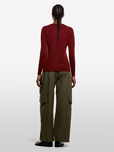 Resim Kadın Koyu Kırmızı Yün ve Kaşmir Karışımlı Ribana Detaylı Bisiklet Yaka Hırka