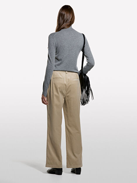 Resim Kadın Gri Yün ve Kaşmir Karışımlı Ribana Detaylı Balıkçı Yaka Kazak