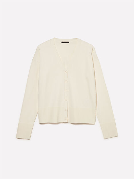 Resim Kadın Krem Viskoz Karışımlı Ribana Detaylı Düğmeli V Yaka Hırka