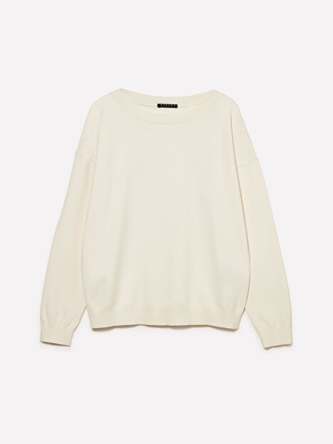 Resim Kadın Krem Viskoz Karışımlı Normal Kesim Düz Kayık Yaka Kazak