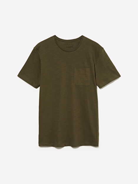 Resim Erkek Haki  %100 Pamuk Kısa Kollu Cepli Bisiklet Yaka T-Shirt