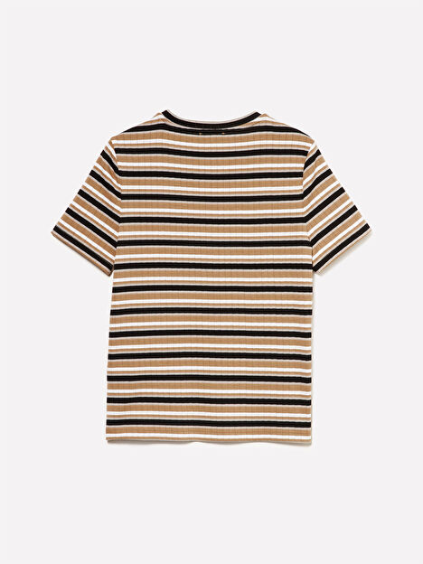 Resim Kadın Bej Mix Viskoz Karışımlı Yatay Çizgili Bisiklet Yaka T-Shirt