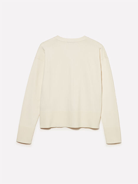 Resim Kadın Krem Viskoz Karışımlı Ribana Detaylı Düğmeli V Yaka Hırka