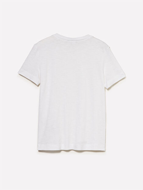 Resim Kadın Beyaz Pamuk ve Modal Karışımlı Bisiklet Yaka T-Shirt