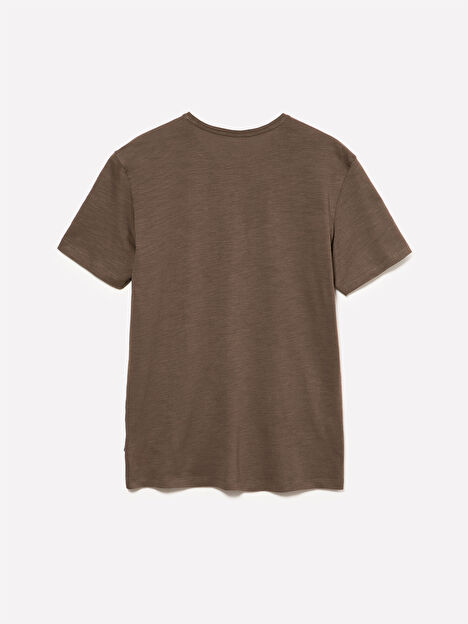 Resim Erkek Kahverengi  %100 Pamuk Kısa Kollu Cepli Bisiklet Yaka T-Shirt