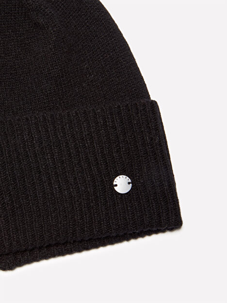 Resim Erkek Siyah Yün Karışımlı Metal Detaylı Katlamalı Bere