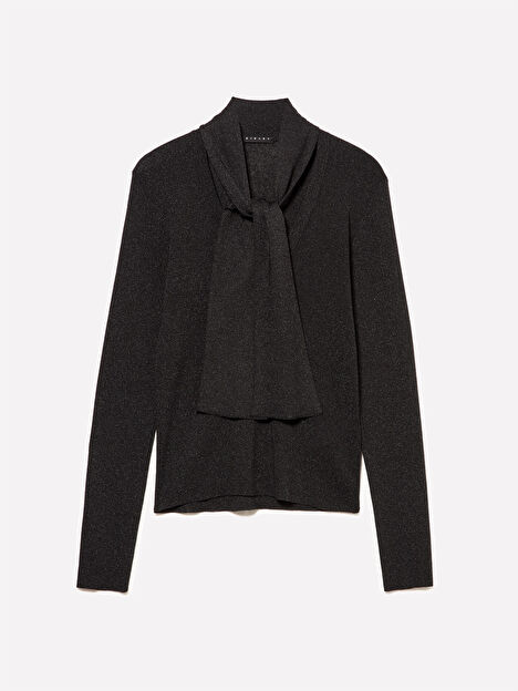 Resim Kadın Siyah Yün Karışımlı Boyundan Bağlamalı Derin V Yaka Kazak